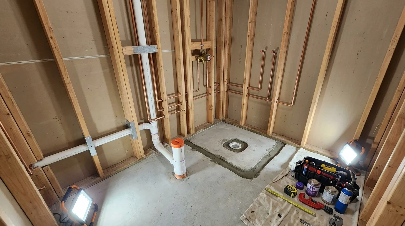 Bathroom rough-in plumbing during remodel by Johns Plumbing LLC in Mosheim