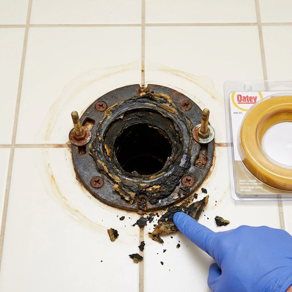 Failed wax ring showing water seepage at the base of a toilet in a Mosheim, TN home