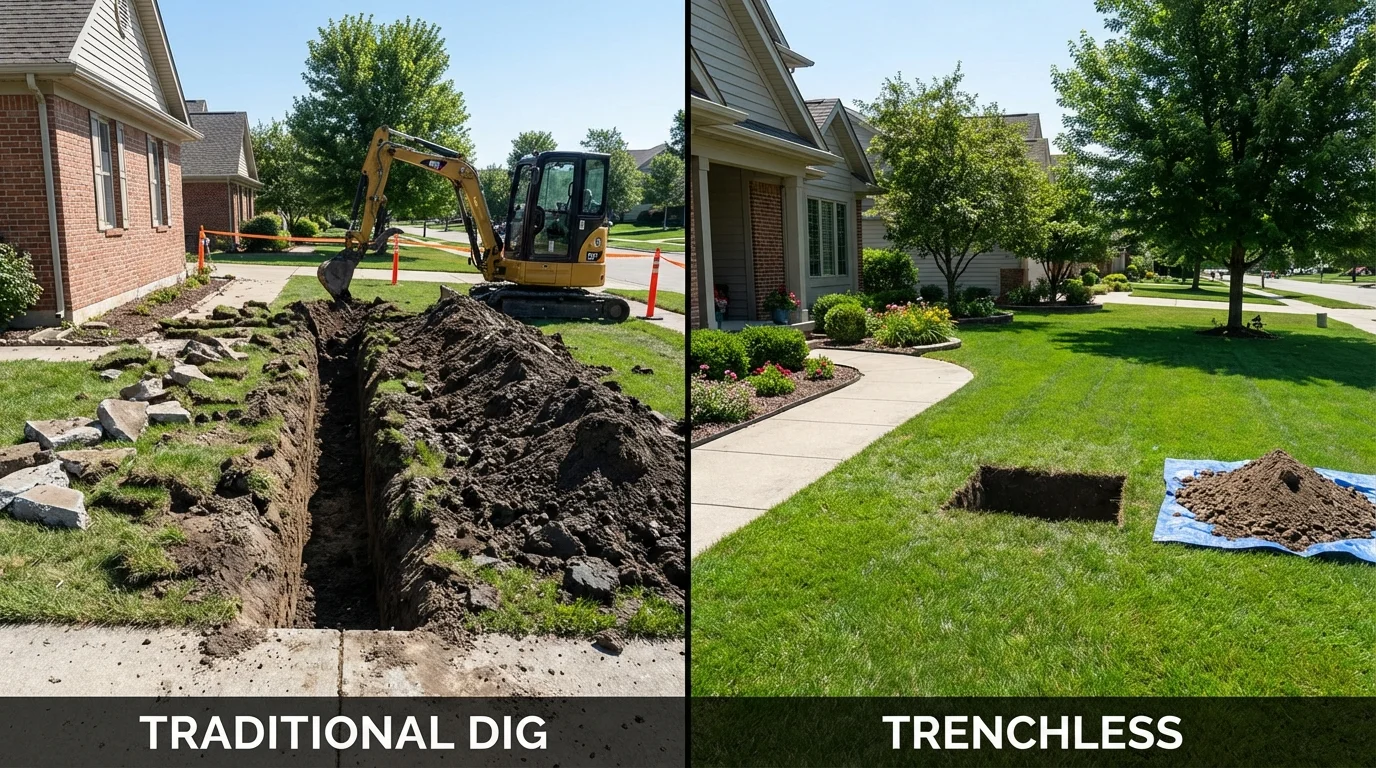 Trenchless sewer repair with minimal yard damage versus traditional excavation in Mosheim, TN